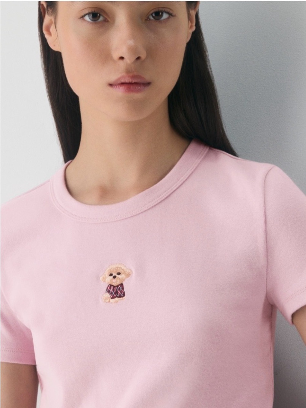 NWT Aritzia Sunday Best Light Pink Short Sleeve Knit Top with Embroidered Bear - Picture 2 of 6